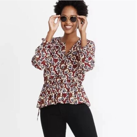 Madewell Pansy Print Blouse Viola Floral V-neck Wine Burgundy Size Medium - Picture 2 of 16